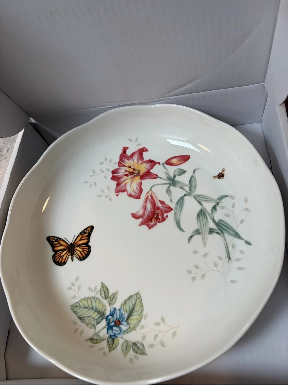 Lenox Floral Butterfly Ceramic Serving Bowl - White with Red & Blue Accents
